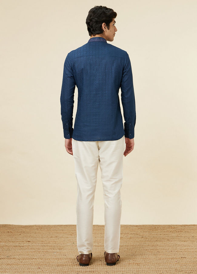 Manyavar Men Sapphire Blue Embroidered Neckline Short Kurta