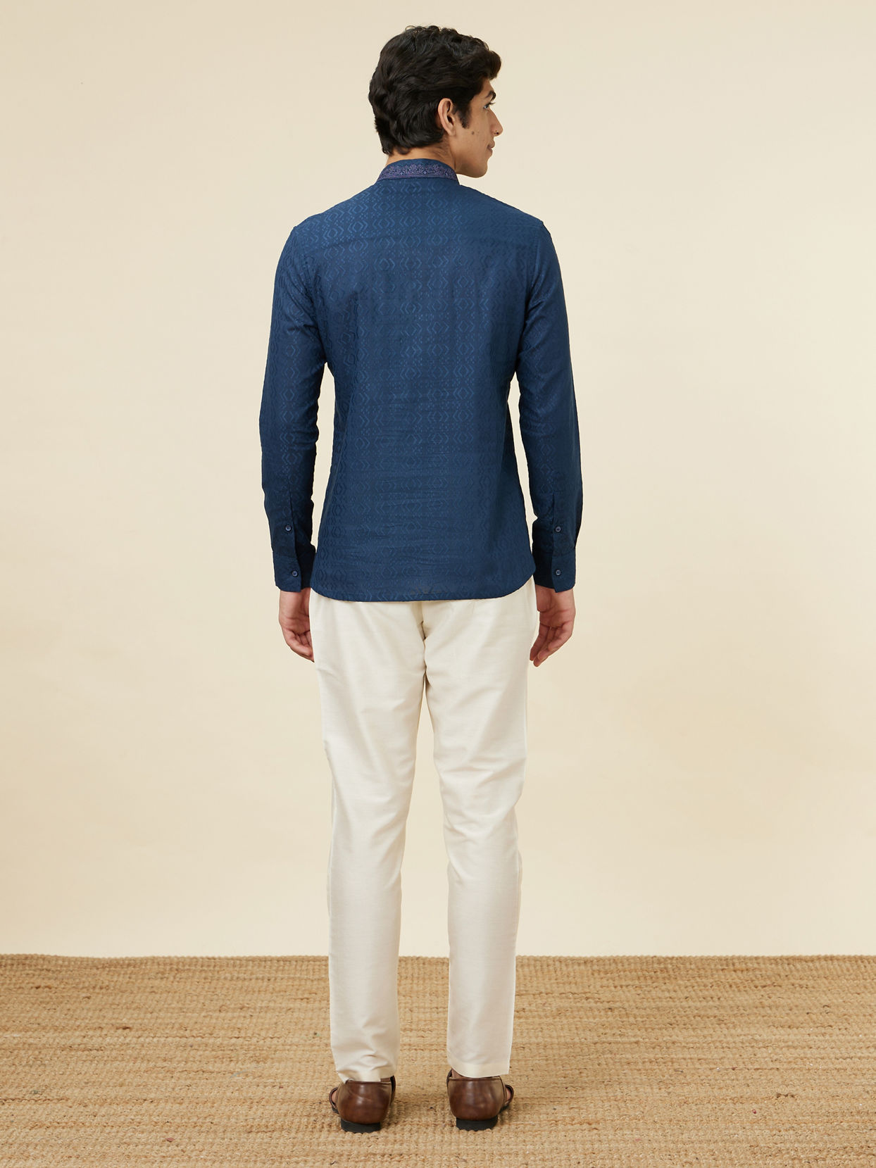 Manyavar Men Sapphire Blue Embroidered Neckline Short Kurta