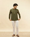 alt message - Manyavar Men Hunter Green Floral Printed Short Kurta image number 2