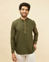 alt message - Manyavar Men Hunter Green Floral Printed Short Kurta image number 0