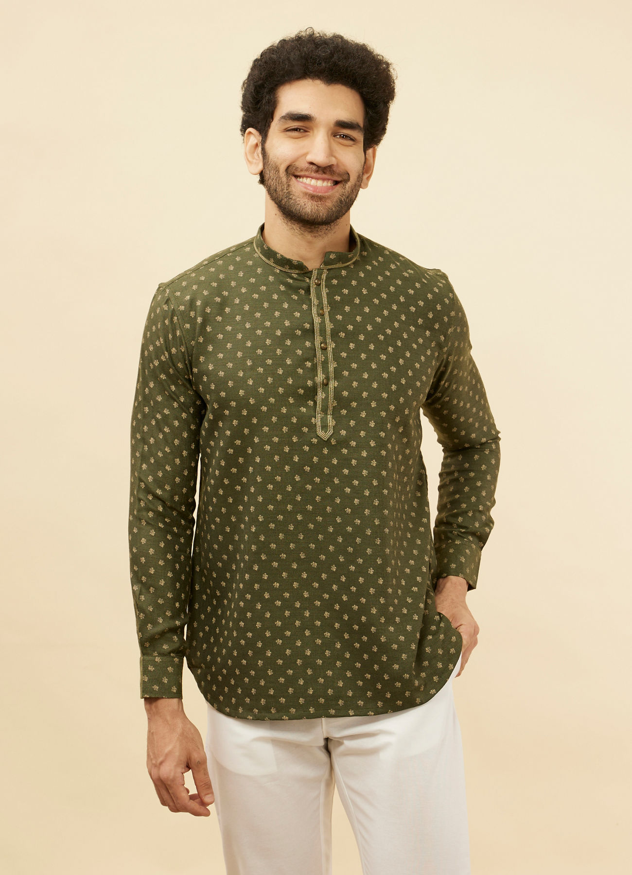 Manyavar Men Hunter Green Floral Printed Short Kurta