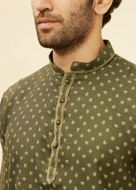 Manyavar Men Hunter Green Floral Printed Short Kurta