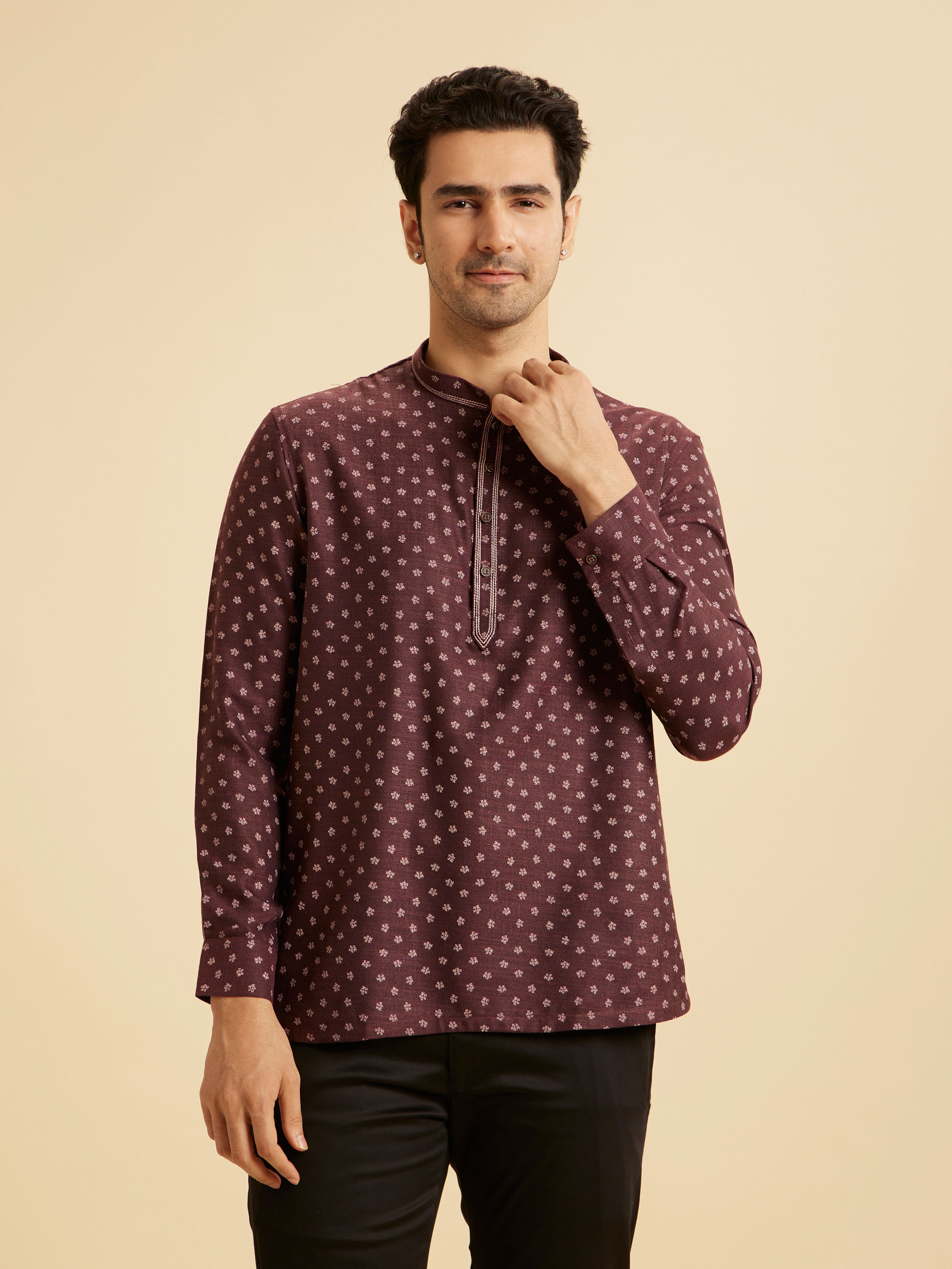 Manyavar Men Wine hued Short Kurta