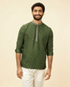 Manyavar Men Green Foil Print Zari Embroidered Kurta