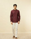 alt message - Manyavar Men Plum Red Linear Patterned Short Kurta image number 2