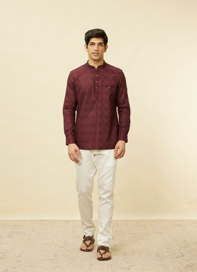 alt message - Manyavar Men Plum Red Linear Patterned Short Kurta image number 2