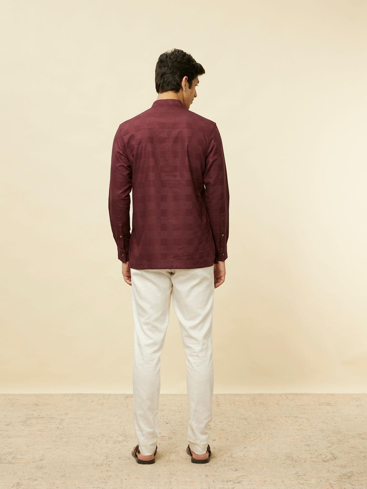 Manyavar Men Plum Red Linear Patterned Short Kurta