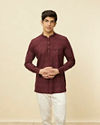 alt message - Manyavar Men Plum Red Linear Patterned Short Kurta image number 0