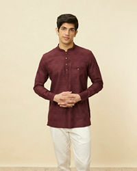 Manyavar Men Plum Red Linear Patterned Short Kurta