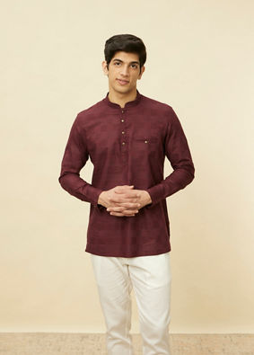 Manyavar Men Plum Red Linear Patterned Short Kurta