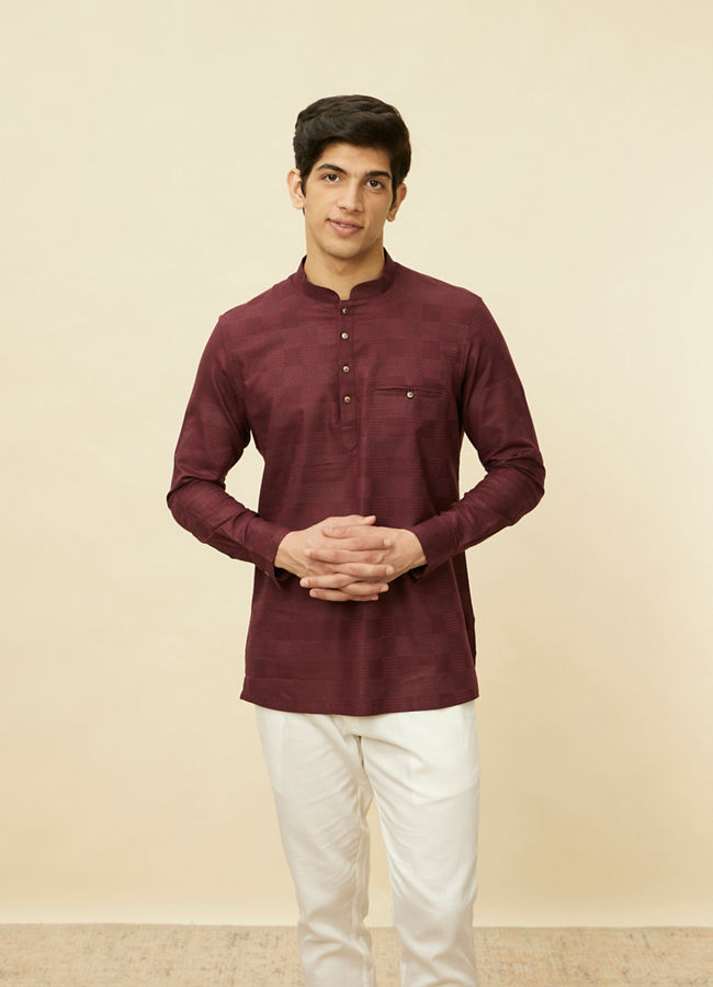 alt message - Manyavar Men Plum Red Linear Patterned Short Kurta image number 0