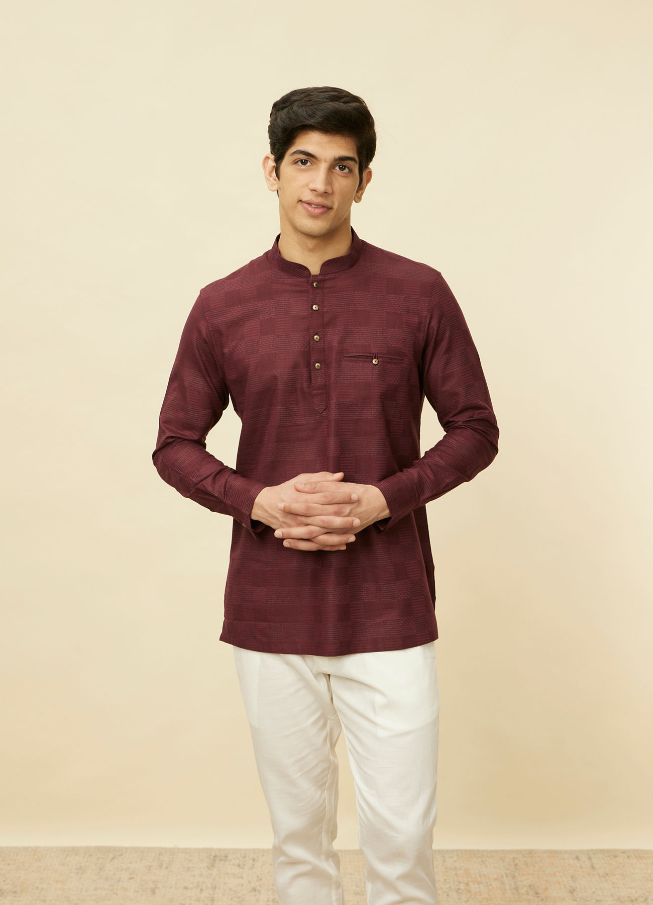 Manyavar Men Plum Red Linear Patterned Short Kurta