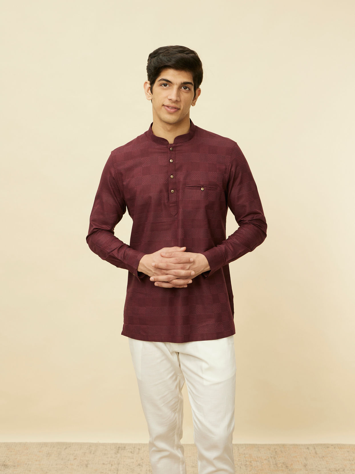 alt message - Manyavar Men Plum Red Linear Patterned Short Kurta image number 0