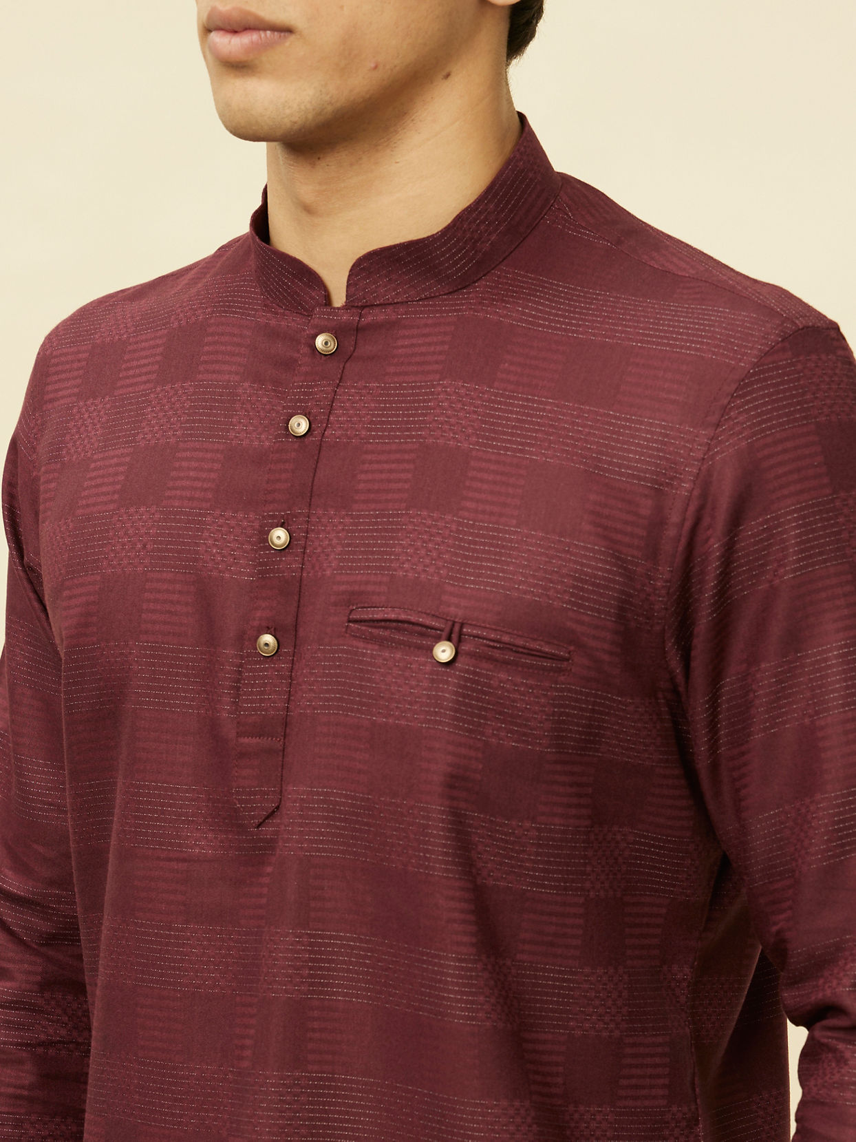 alt message - Manyavar Men Plum Red Linear Patterned Short Kurta image number 1