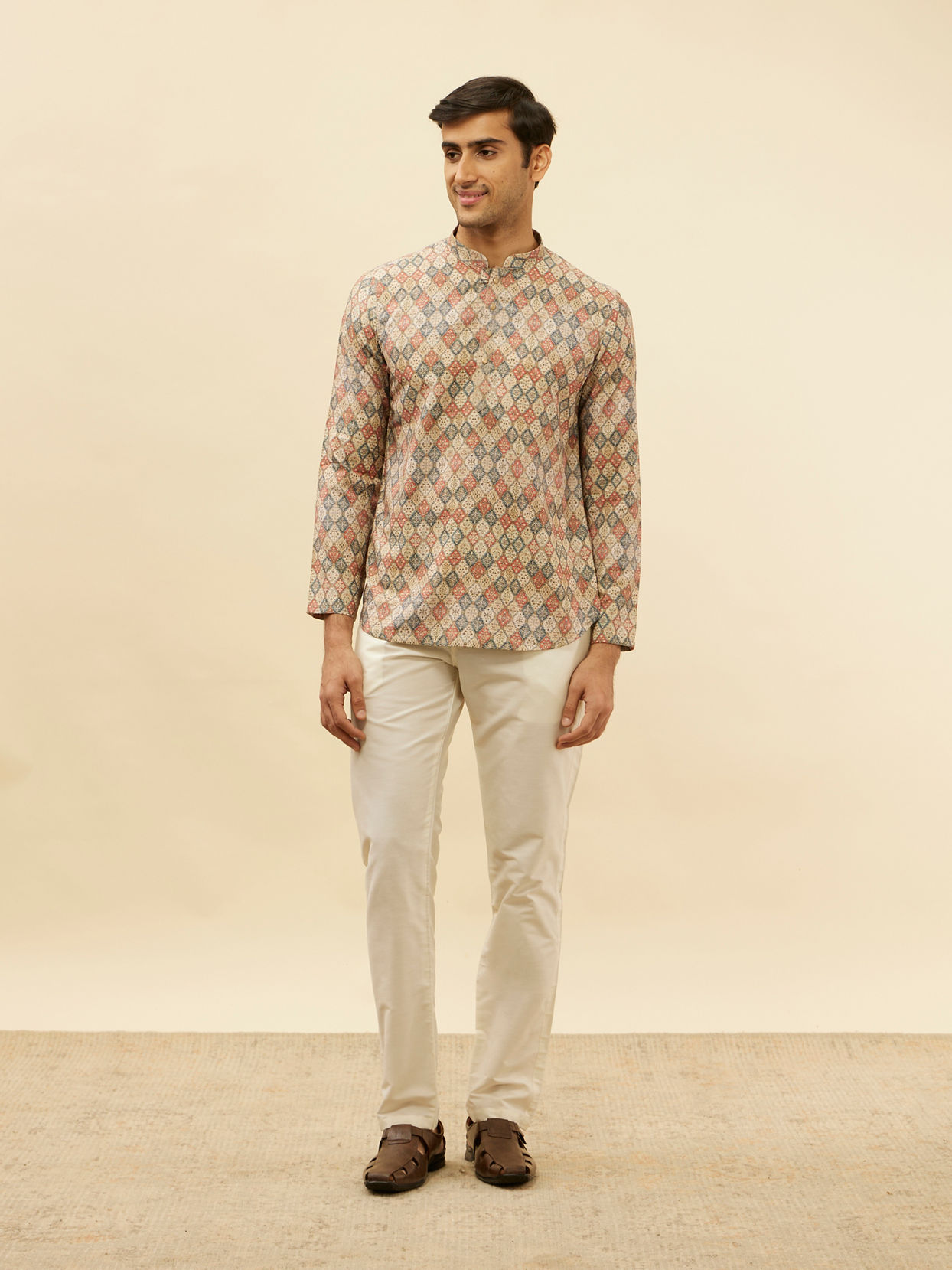 alt message - Manyavar Men Beige Harlequin Printed Short Kurta image number 2