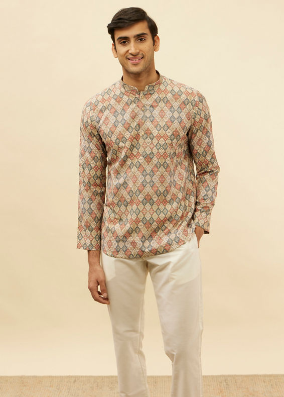 Manyavar Men Beige Harlequin Printed Short Kurta