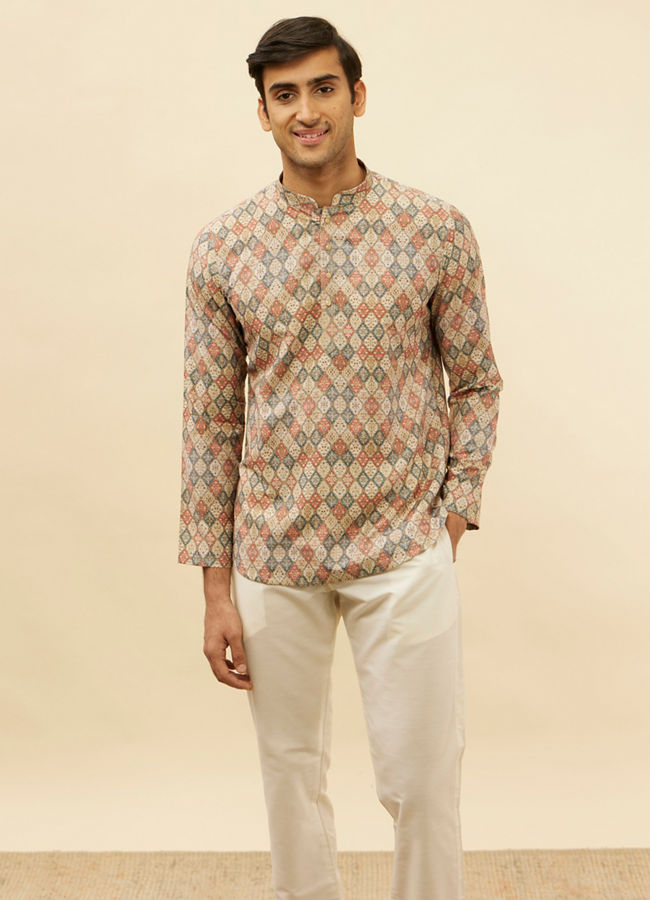 alt message - Manyavar Men Beige Harlequin Printed Short Kurta image number 0