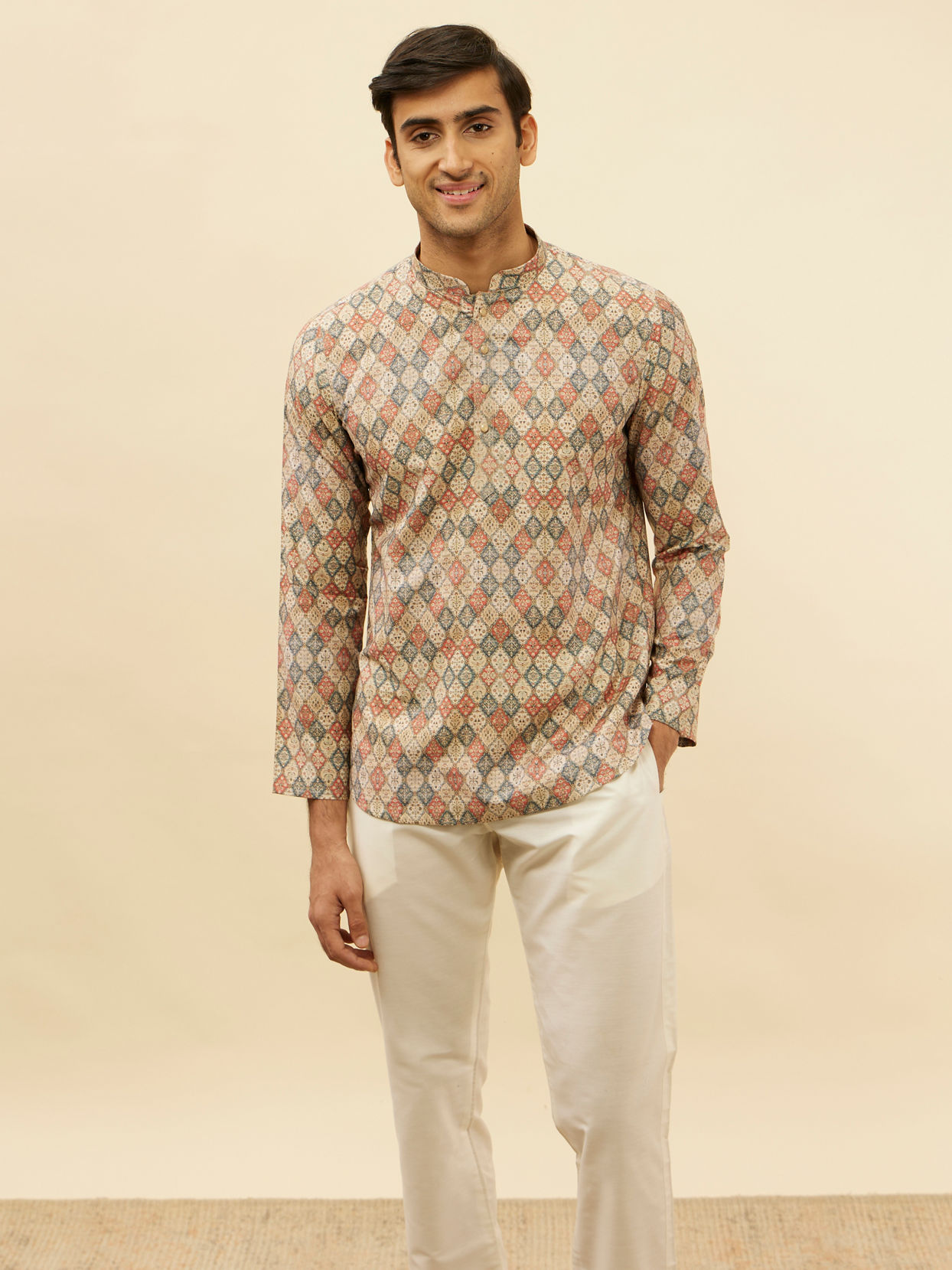 alt message - Manyavar Men Beige Harlequin Printed Short Kurta image number 0