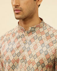 Manyavar Men Beige Harlequin Printed Short Kurta