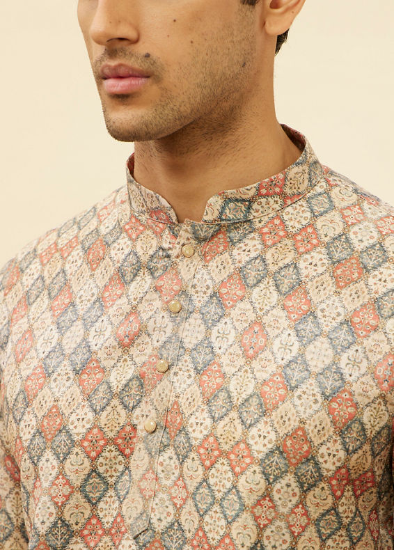 Manyavar Men Beige Harlequin Printed Short Kurta