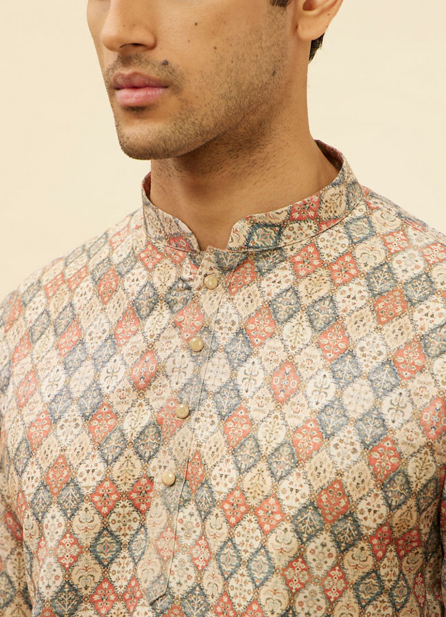 alt message - Manyavar Men Beige Harlequin Printed Short Kurta image number 1