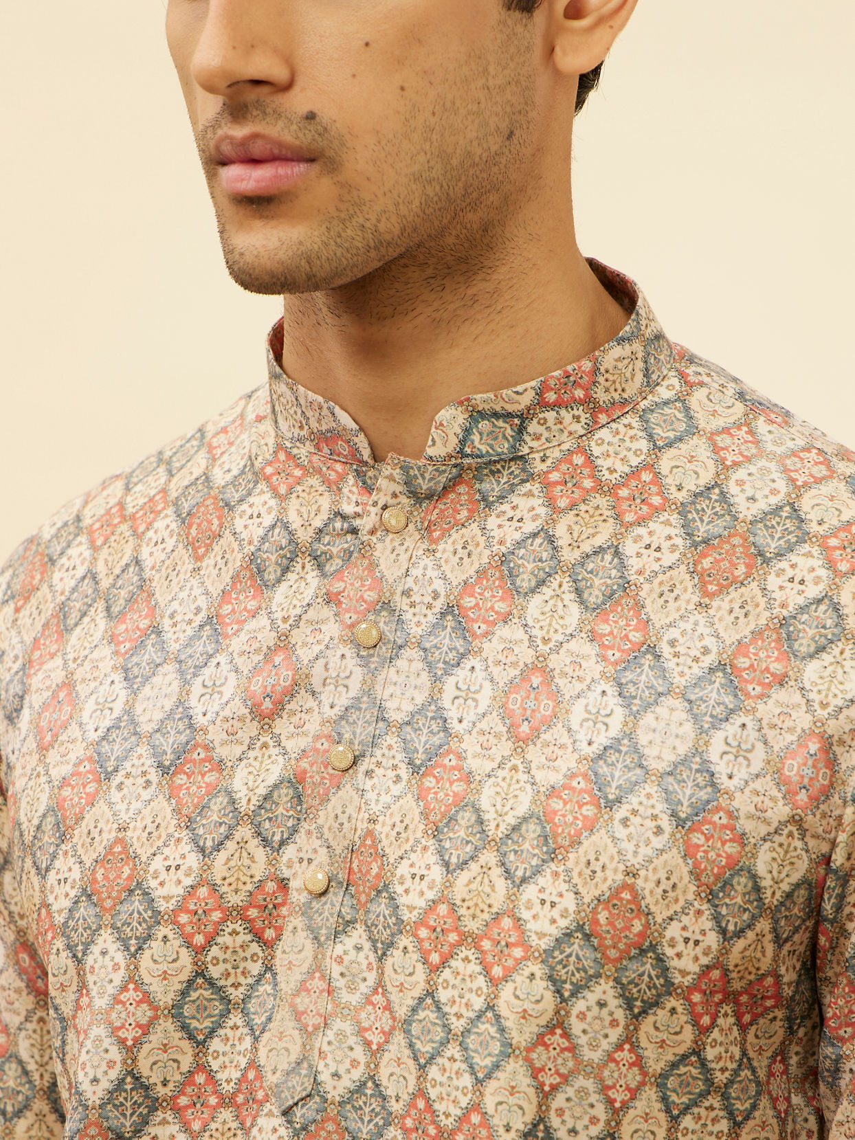 alt message - Manyavar Men Beige Harlequin Printed Short Kurta image number 1