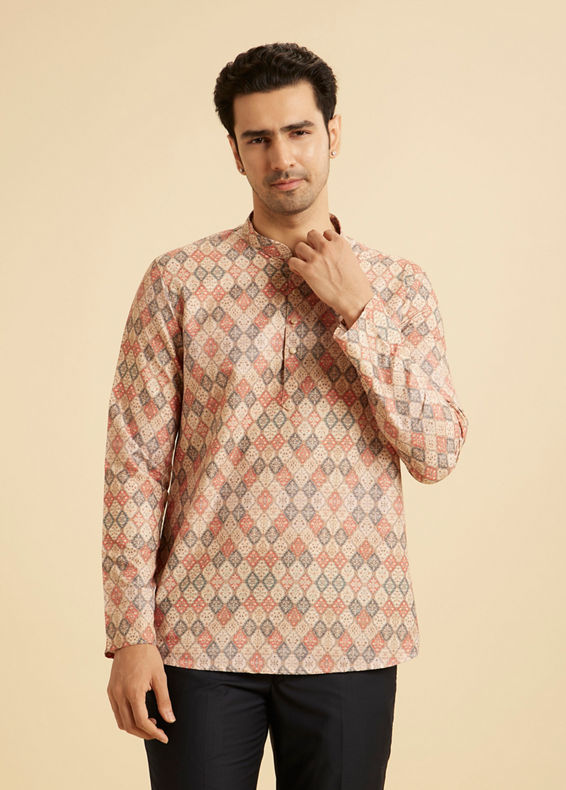 Manyavar Men Beige Harlequin Printed Short Kurta