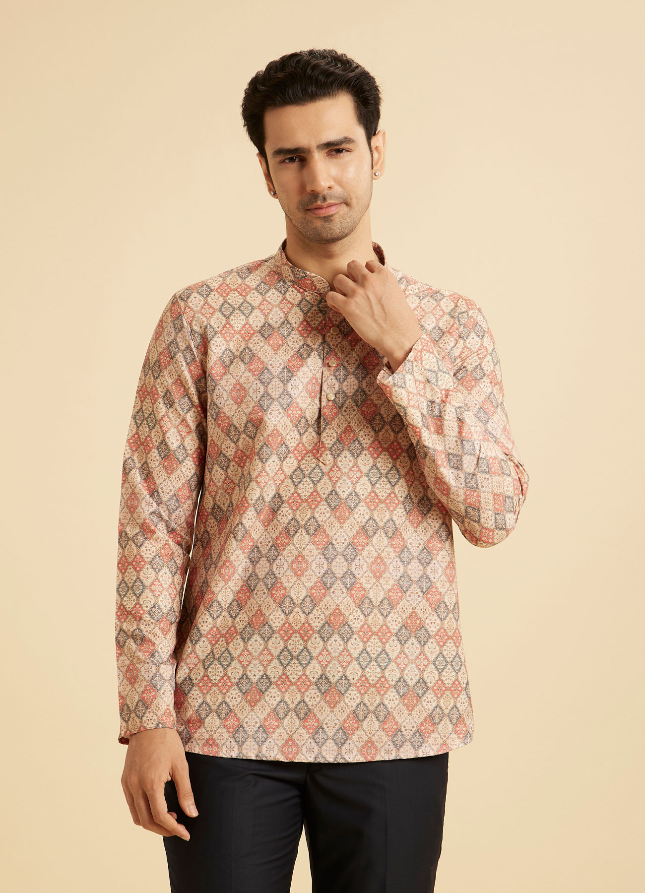 Manyavar Men Beige Harlequin Printed Short Kurta