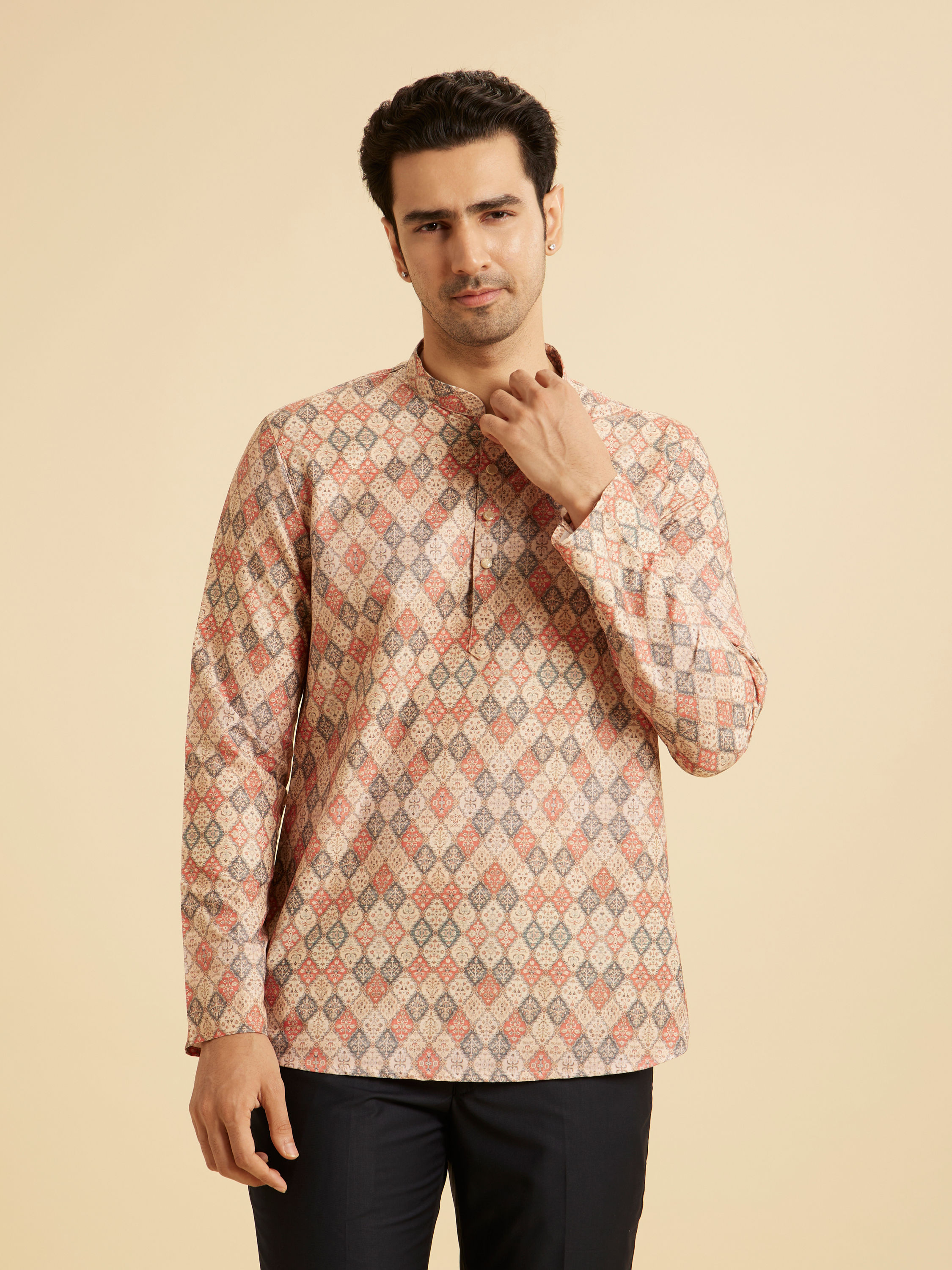Manyavar Men Beige Harlequin Printed Short Kurta