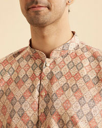 Manyavar Men Beige Harlequin Printed Short Kurta