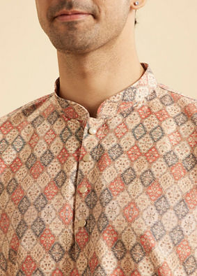 Manyavar Men Beige Harlequin Printed Short Kurta