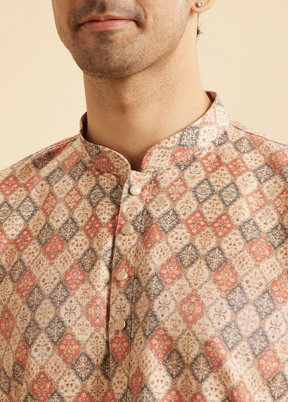 Manyavar Men Beige Harlequin Printed Short Kurta