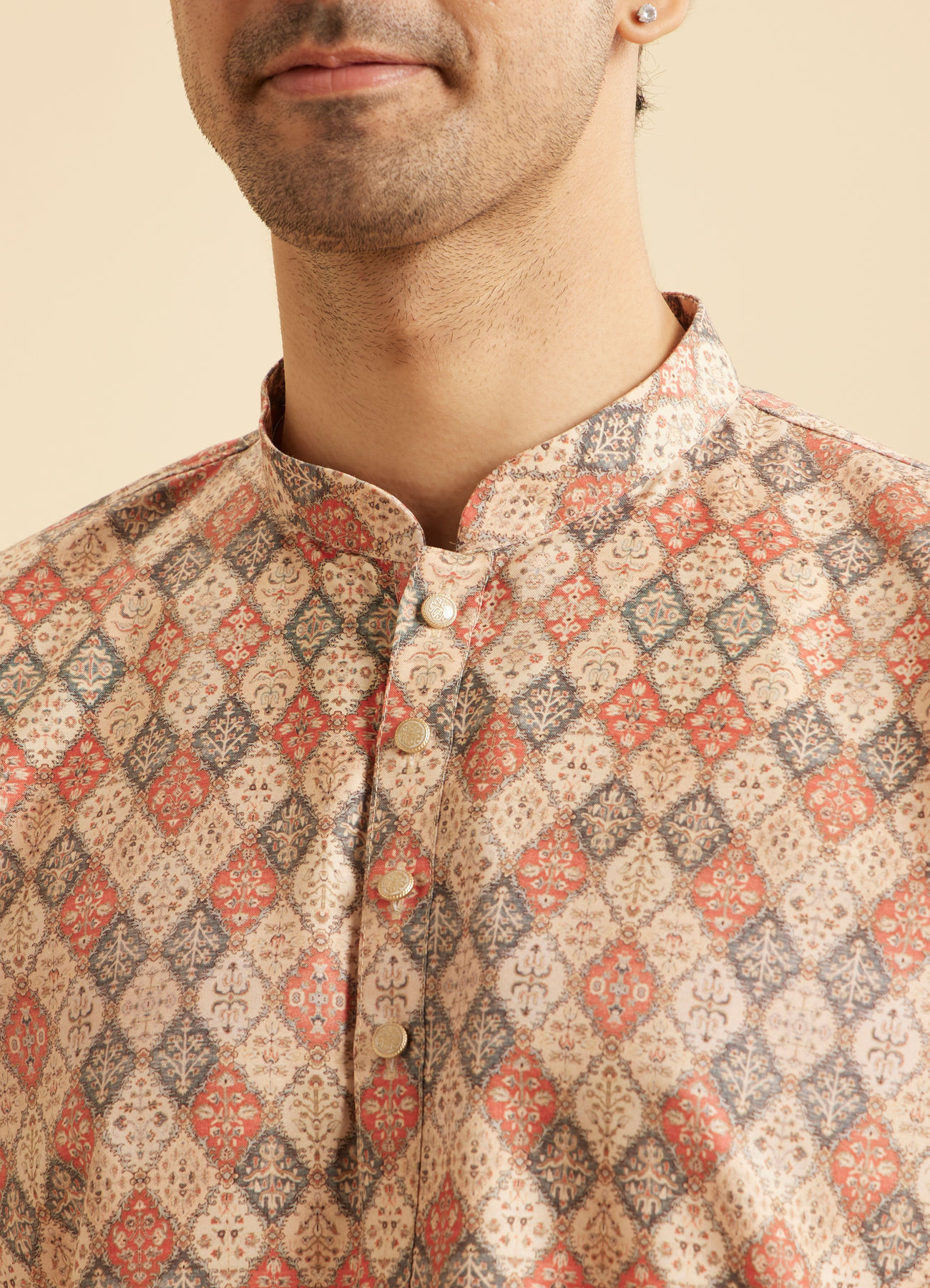 Manyavar Men Beige Harlequin Printed Short Kurta