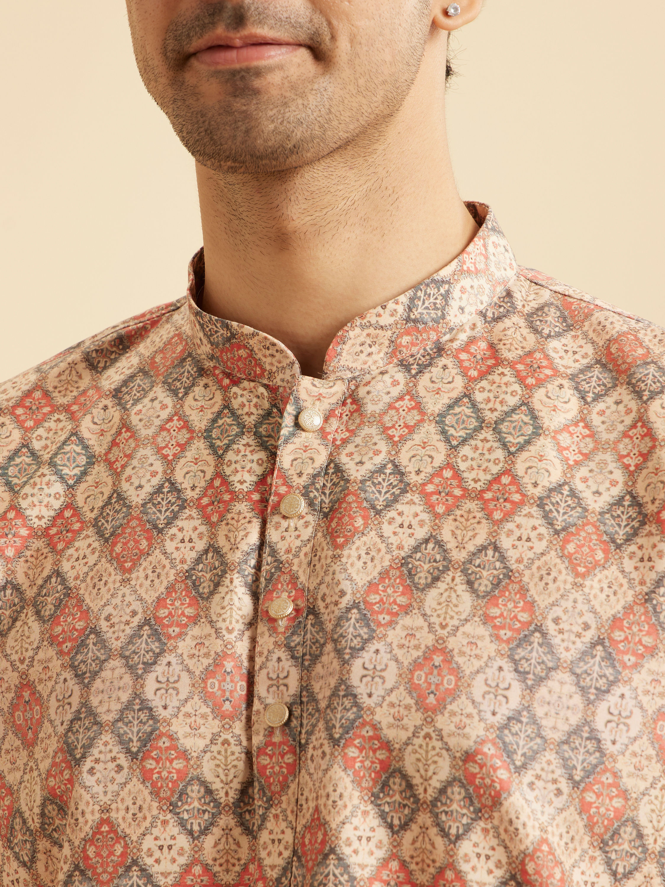 Manyavar Men Beige Harlequin Printed Short Kurta