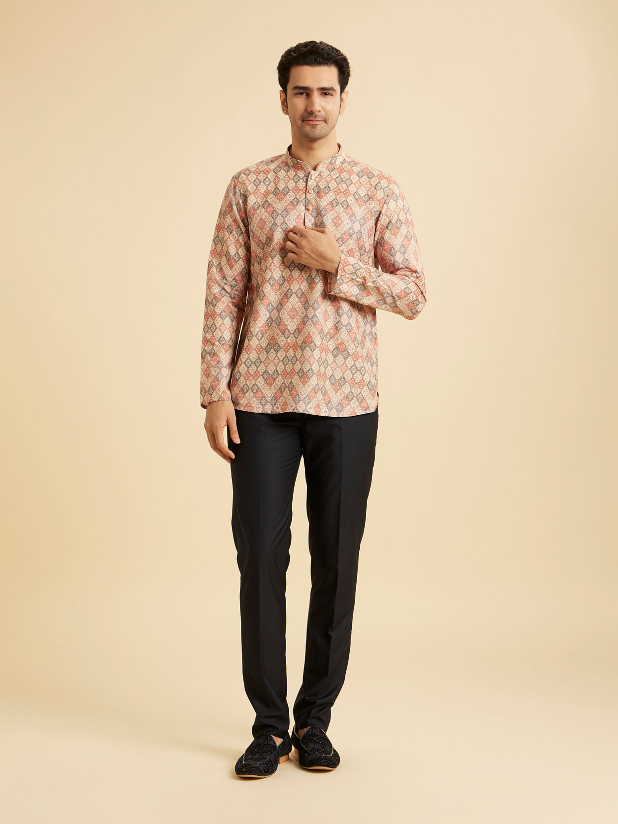 Manyavar Men Beige Harlequin Printed Short Kurta