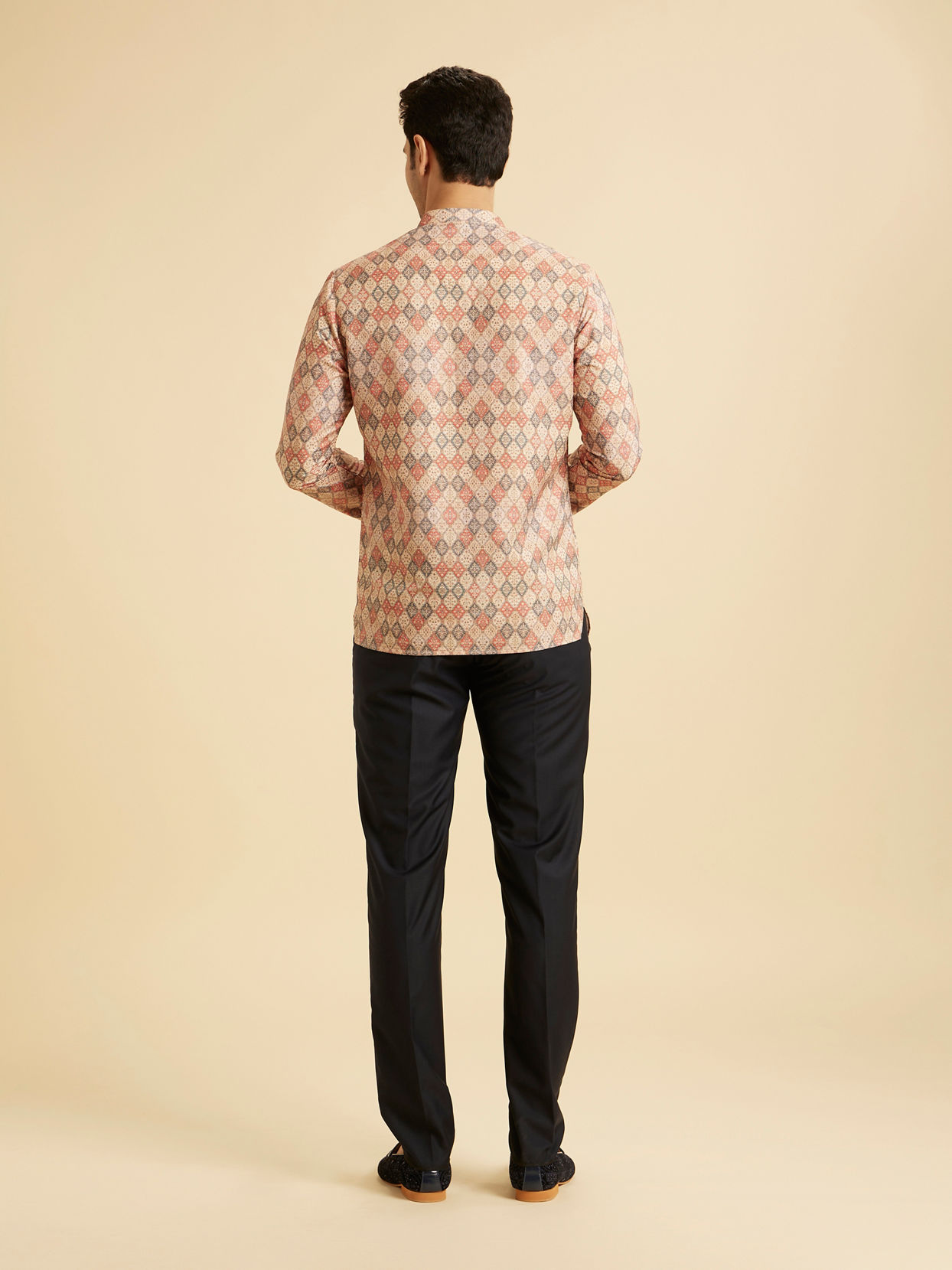 Manyavar Men Beige Harlequin Printed Short Kurta