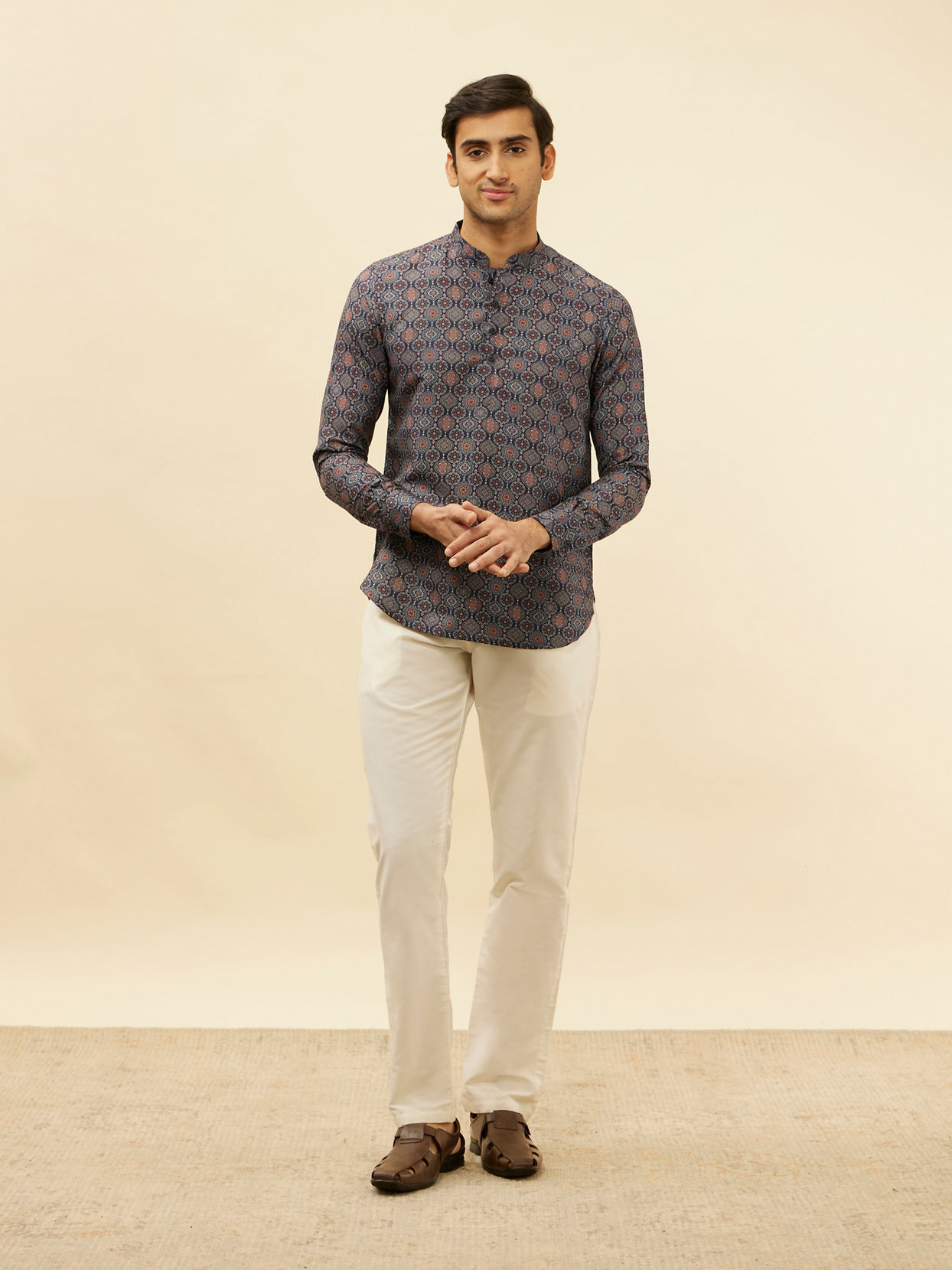 Manyavar Men Azure Blue Ogee Floral Printed Short Kurta