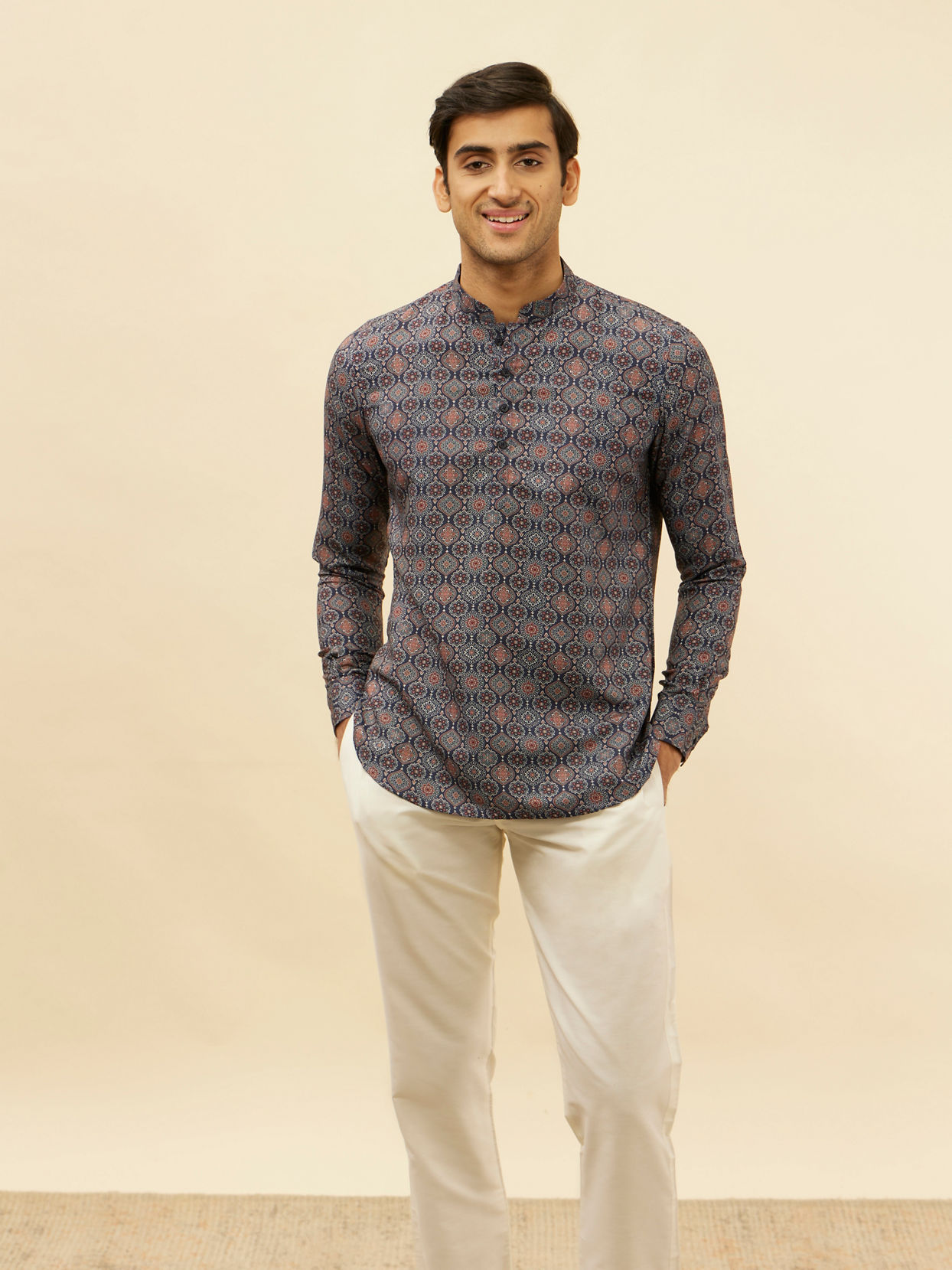 alt message - Manyavar Men Azure Blue Ogee Floral Printed Short Kurta image number 0