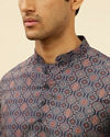 alt message - Manyavar Men Azure Blue Ogee Floral Printed Short Kurta image number 1