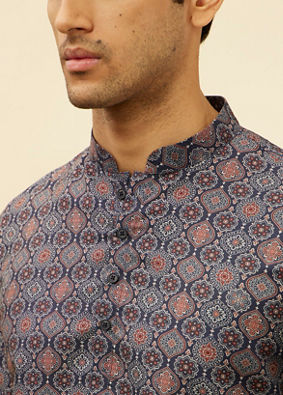 Manyavar Men Azure Blue Ogee Floral Printed Short Kurta
