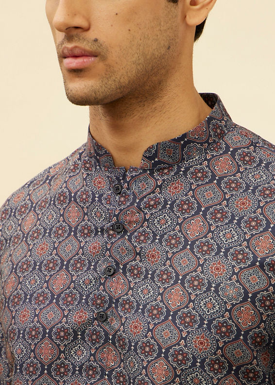 Manyavar Men Azure Blue Ogee Floral Printed Short Kurta