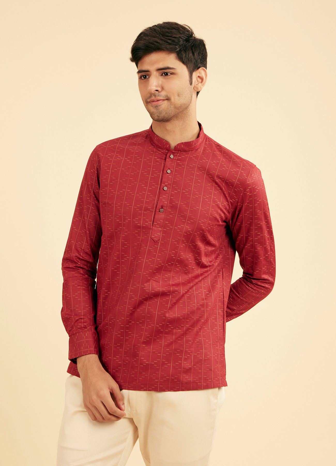 Manyavar Men Maroon Red Linear Patterned Short Kurta