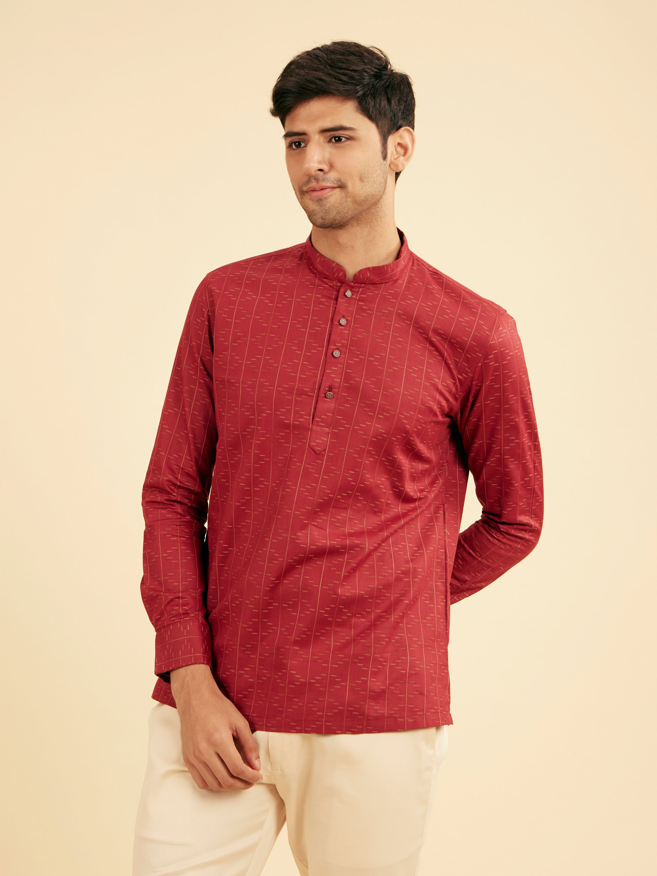Manyavar Men Maroon Red Linear Patterned Short Kurta