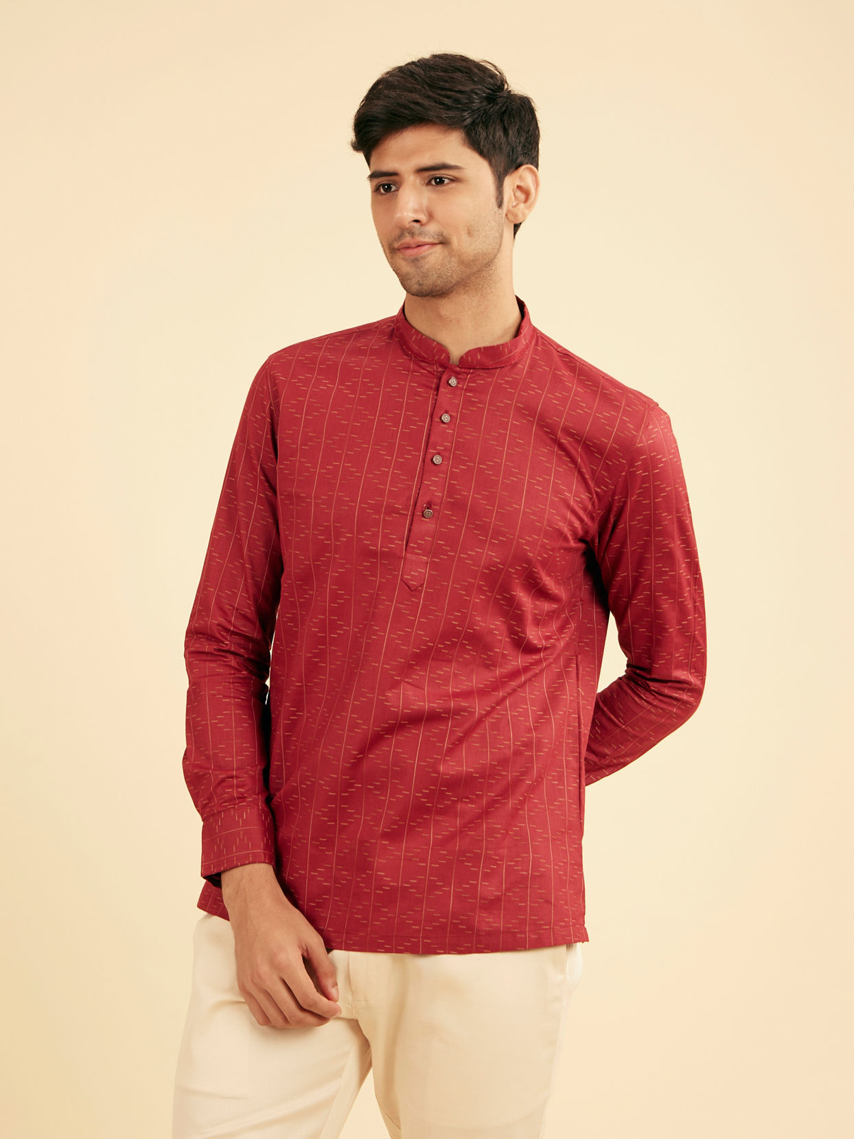 Manyavar Men Maroon Red Linear Patterned Short Kurta