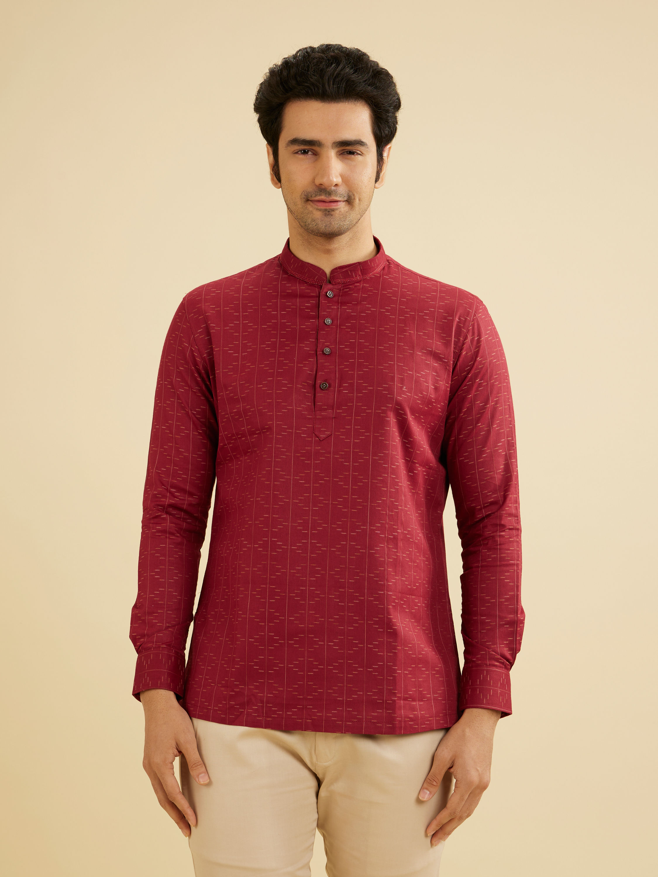 Manyavar Men Maroon Red Linear Patterned Short Kurta