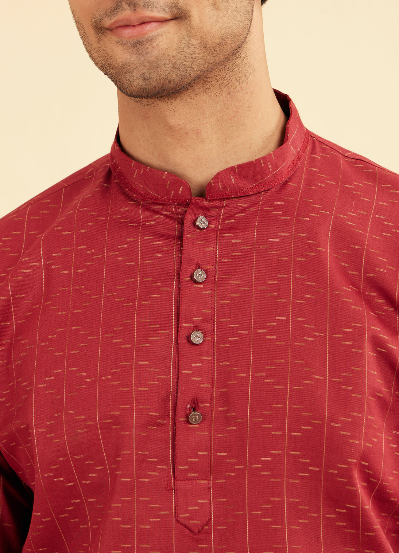 Manyavar Men Maroon Red Linear Patterned Short Kurta