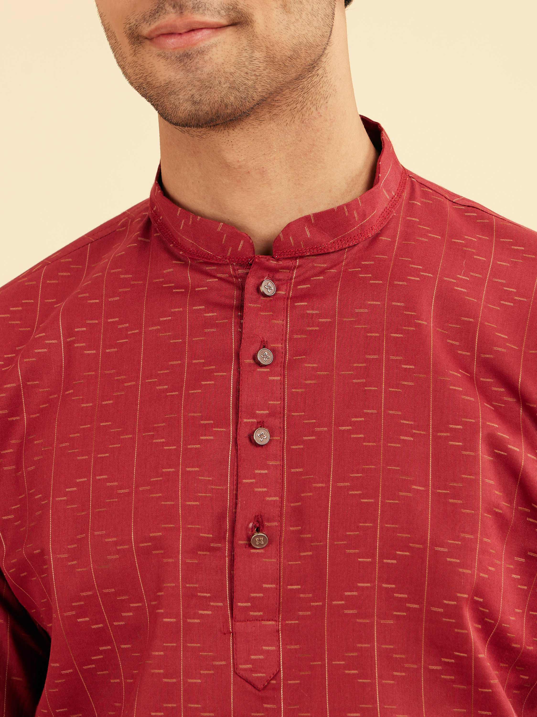 Manyavar Men Maroon Red Linear Patterned Short Kurta