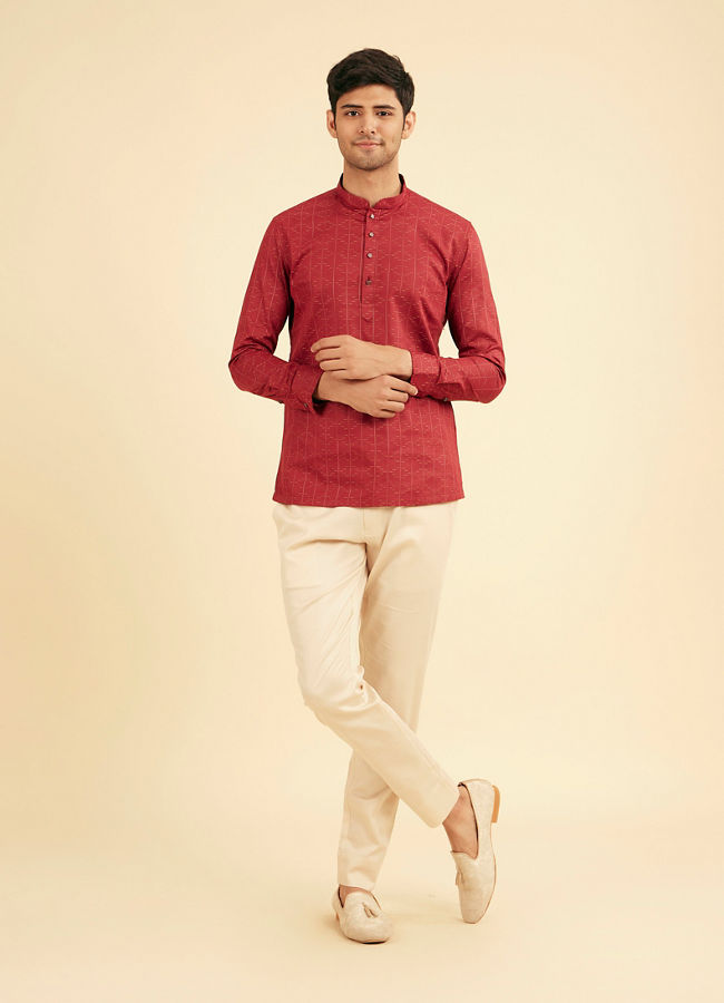 Manyavar Men Maroon Red Linear Patterned Short Kurta