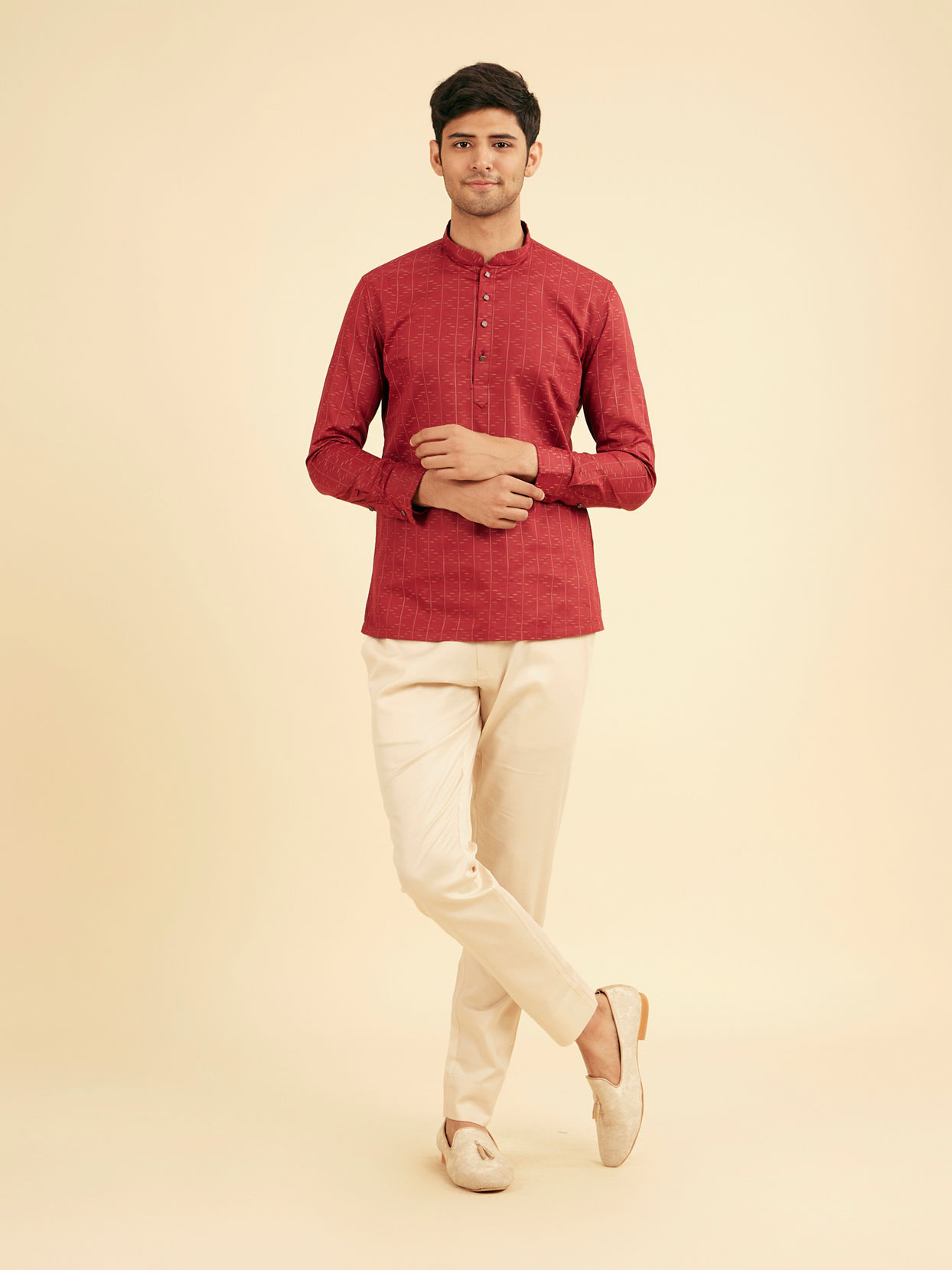 Manyavar Men Maroon Red Linear Patterned Short Kurta