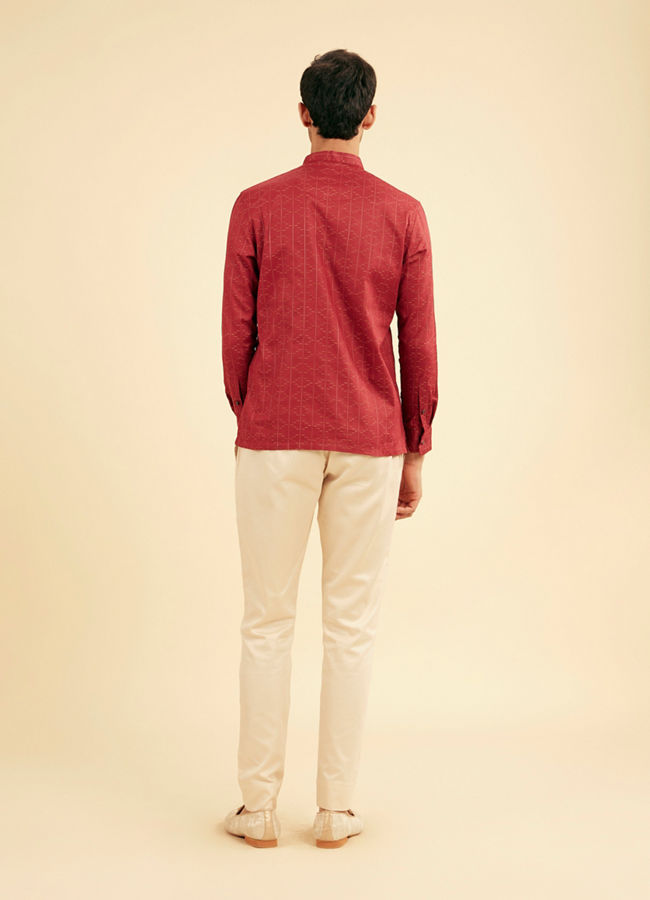 Manyavar Men Maroon Red Linear Patterned Short Kurta
